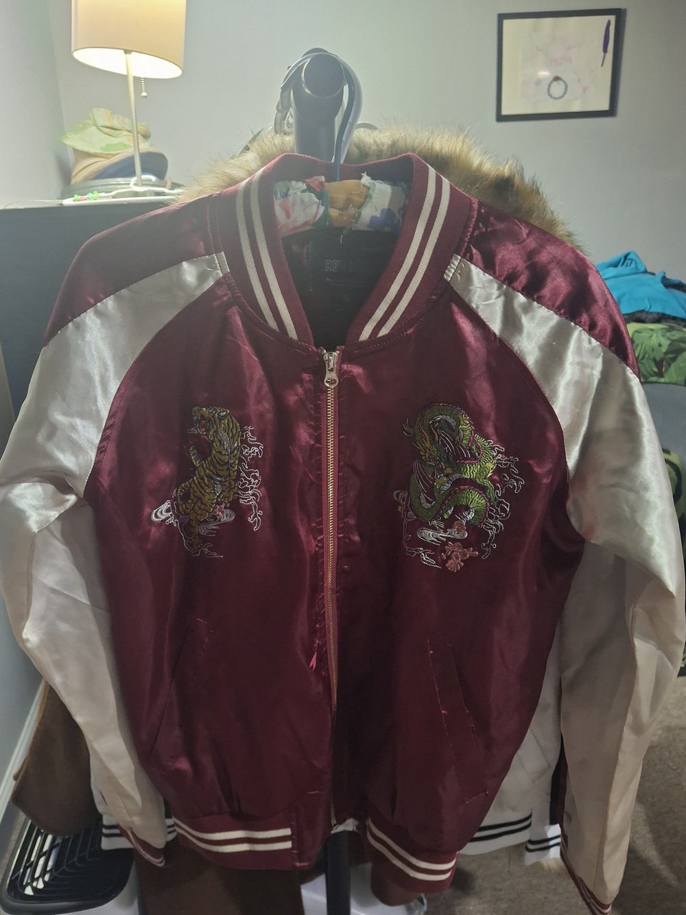 Embroidered SAKUJAN Bomber Dragon Satin Bomber Jacket - Burgundy & Cream SMALL - Picture 3 of 7